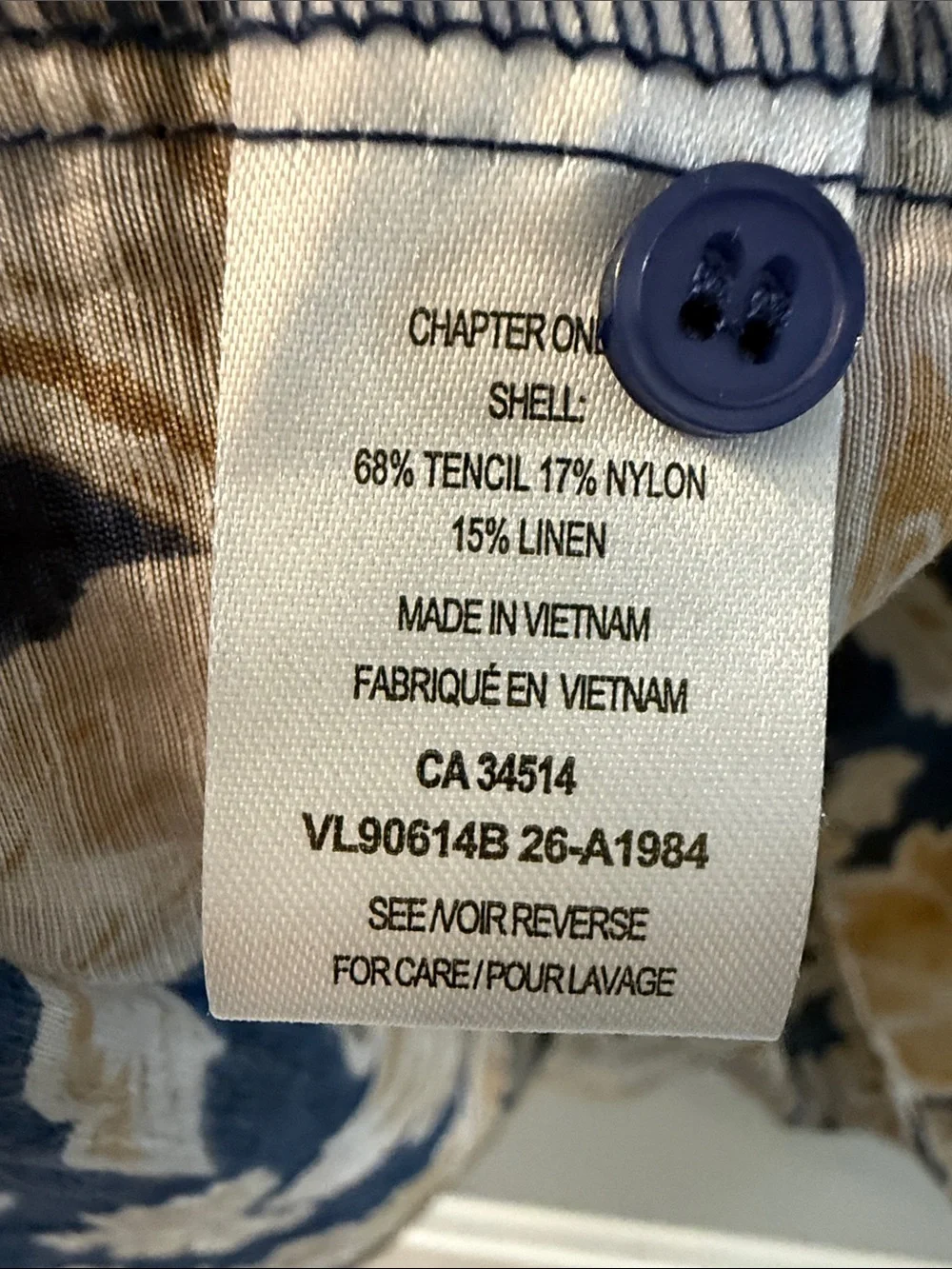 Tamara H. Navy Blue Shirt with Gold and Cream Floral Print, NWTs